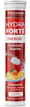 Forté Pharma - Hydra Forté Energie - Electrolytes, Taurine, Mineraux, Magnesium, Vitamine C - Hydratation, Fatigue, Coup de fouet - 24 comprimés effervescents orange-citron, 1 à 2/jour