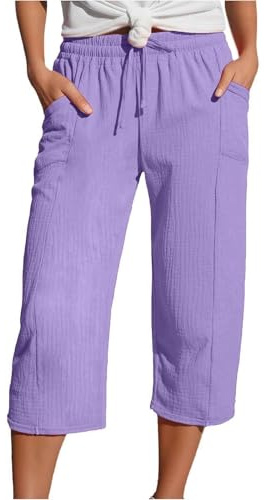 Generisch Jambe droite Pantalon décontracté Taille haute Sport Pantalon ample Pantalon court Femme 50, lilas, XL