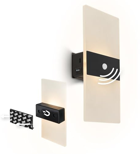 BRILONER Sticklights - LED Wandleuchte ohne Stromanschluss und ohne Bohren mit Bewegungsmelder, Akku, magnetisch abnehmbar, Wandlampe zum Kleben, Leselampe, Flurlampe, 22x4x10 cm, Schwarz