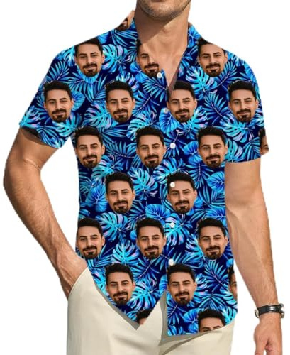 ROHBVMN Personalizzato Camicia Hawaiana Personalizzata Manica Corta Tasca Frontale Vacanze estive Aloha Stampato Beach con Foto del Viso Camicia Uomo Donna Casual Hawaii Nubilato,Regali Divertenti