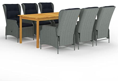 Teenpull 7-TLG. Gruppo da giardino grigio chiaro con tavolo in legno di acacia, sedie in rattan sintetico, schienale regolabile, con imbottitura per patio, balcone e esterno
