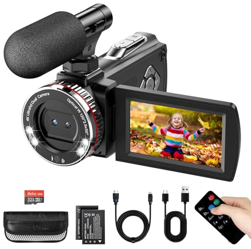 Videocamera 4K 60FPS 48MP Camcorder con Zoom Digitale 21X, Schermo IPS da 3 270° Vlogging Camera per YouTube, Video Camera con Cavo HDMI, Microfono Esterno, Telecomando, 2 Batterie, Scheda da 32 GB