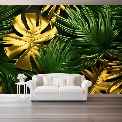 Dorado Verde Murales Papel Pintado Salon Lujo Hojas De Palma Tropicales Plantas, 200 x 140 cm Fotomurales 3D Tejido No Tejido Papel Tapiz Fotográfico Decorativos Murales Dormitorio Oficina Hotel