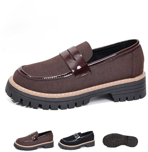 Mocasines de plataforma sin cordones para mujer, cómodos mocasines de gamuza con tacón grueso, zapatos de vestir casuales de negocios con tacón de cuña, Brown, 37.5 EU