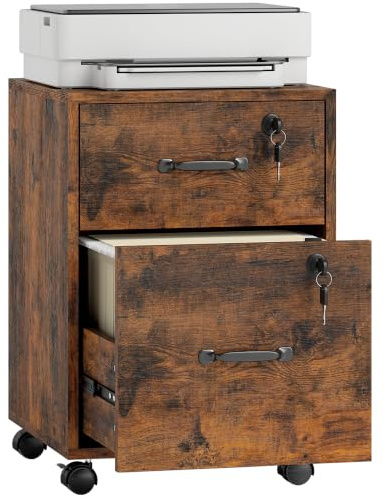 HOMCOM Rolling File Cabinet with 2 Drawers Hanging File Folder Rustic Brown | Mobile Filing Cabinet, for Letter Sized Documents