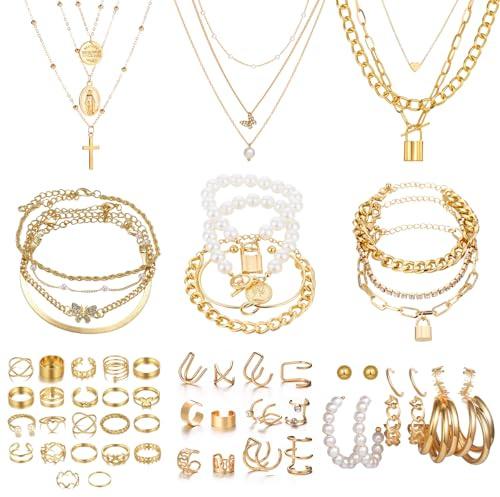 JSTHHTT 60 Pcs Parure Bijoux Femme, Bijoux Femme, Bracelet Femme, Bagues, Collier Femme Or, Ear Cuff, Boucles d'Oreilles Créoles, Lot de Bracelet Réglable Or pour Femme Fille Cadeau Bijoux