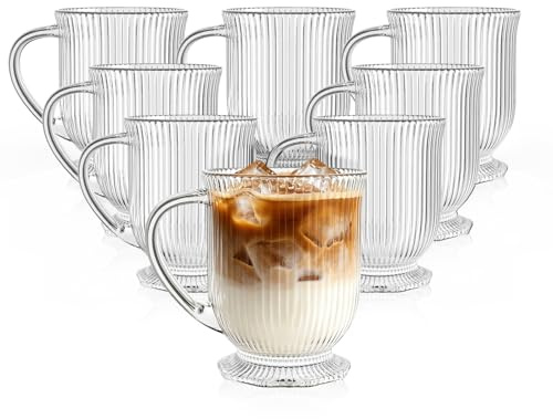 KEMORELA 8-Pack Ribbed Glass Coffee Mug Set, 480ML/16oz Clear Glass Mugs with Handle, Stylish Drinkware Set, Durable Drinkware for Hot Beverages, Coffee & Tea Cups