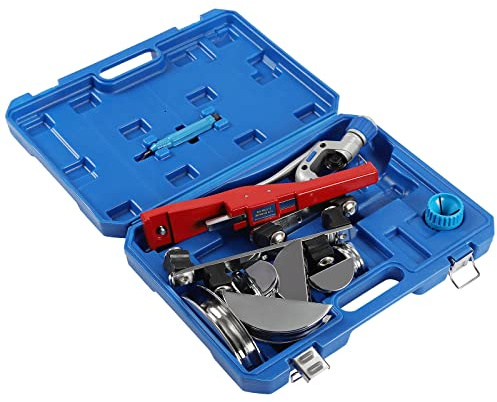 Dobladora de tubo multicapa manual, dobladora de tubo de cobre hasta 90°, dobladoras de tubos de trinquete 7 matrices herramienta doblada 6 a 22mm 1/4-7/8, para tubos de cobre aluminio (rojo)