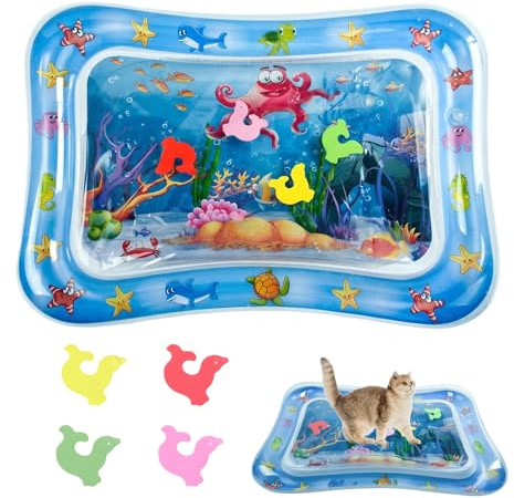 SSIMIDAPT Tappeto Acqua Gatti Gonfiabile Tappetino Sensore Interattivo Gioco Gatto con Pesciolini Galleggianti Antigraffio Estivo Cat Water Play Mat Cat per Cani Animali