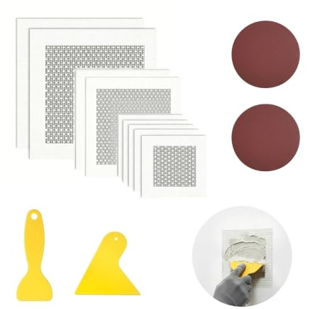 VATRQZMN 14PCS Fiberglass Mesh Wall Repair Patch Kit, Self-Adhesive Drywall Hole Repair Set with 10 Patches in 2/4/6 Inch, 2 Sandpapers and 2 Scrapers, for Walls and Ceilings