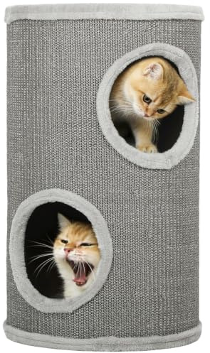PawHut Tonneau à Gratter pour 1 à 2 Chat Ø 35 x 60 cm Gris Clair | Tour à Griffer, Arbre à Chat, 2 Couches en Sisal Naturel