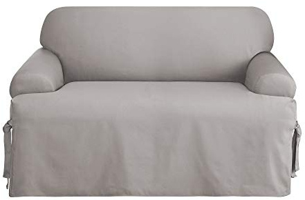 SureFit Cotton Duck Loveseat T-Cushion One Piece Slipcover, Furniture Cover, Relaxed Woven Fit, 100% Cotton, Machine Washable, Gray
