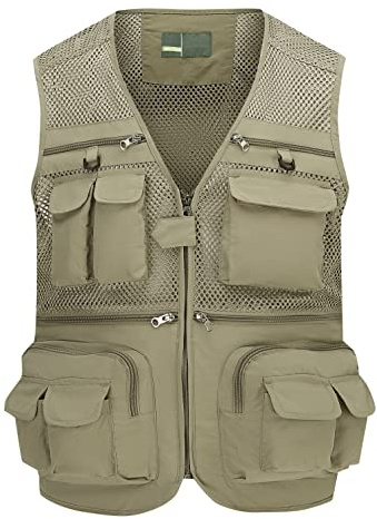 Ziker Men's Mesh Breathable Openwork Camouflage Journalist Photographer Fishing Vest Waistcoat Jacket Coat (US, Alpha, Small, Regular, Regular, Beige)