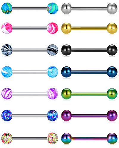 Crdifu Juego de anillos de pezón de barras de lengua de 14G, joyería de piercing de lengua con barra recta de acero inoxidable de 16 mm