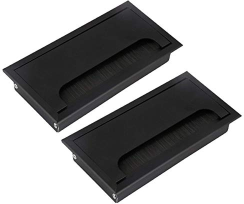 Techson Rectangular Cable Grommet, 160mm Office Table Wire Hole Cover with Brush, Aluminum Alloy Home Computer Desk Cable Outlet Port (Black, 2Pcs)
