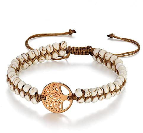Flongo Böhmische Perlen Edelstein Yoga Armband Wickelarmband Naturstein Healing Reiki Mala Boho Style Kette mit Lebensbaum Anhänger für Frauen