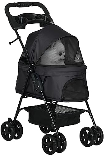 PawHut Poussette Buggy Pliable Chien Chat Panier Rangement Porte-Gobelets Tissu 300D Oxford Imperméable 4 Roues Noir
