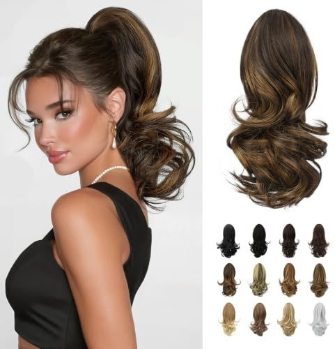 Sofeiyan Pferdeschwanz Haarteil,Haarteil mit Klammer,33 cm Zopf Extension | Langer lockiger Ponytail Extension,Synthetisches Pferdeschwanz-Extensions für Frauen,Dunkelbraun/Golden Auburn
