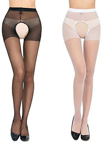 KLONKEE Women's Sheer Thigh High Tights, 12 Denier Silky Pantyhose, Lace Top Hold Ups, Stretch Hosiery Stockings(503,Black,White)