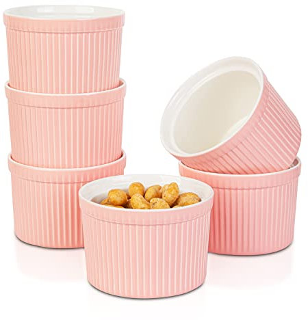 240ml Moldes para soufflé, Candiicap Juego de 6 Moldes de Porcelana para Hornear, Pudín, Creme Brûlée, Tazas de Flan, Salsa para Servir (240ml, Rosa Mate)