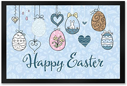 speecheese Happy Easter Ostern Fußmatte XXL in 50x75 cm mit Ostereier-Motiv in hellblau als schöne Frühlings- oder Osterdekoration für Haus und Garten und um deinen Besuch willkommen zu
