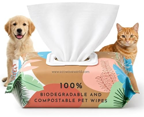Eco Wave Dog & Cat Grooming Wipes, Unscented, Hypoallergenic, Compostable | 100 Wipes, Plant-based, compostable & biodegradable. Fragrance-free, aloe vera. Paws, ears, face, body & butt.