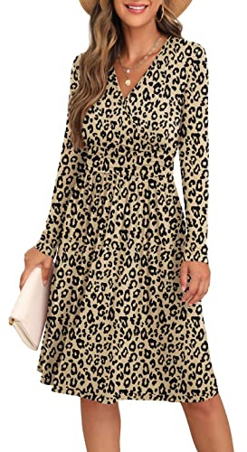 GRECERELLE Abito estivo da donna, casual, a maniche corte, con volant, con scollo a V, floreale, da spiaggia, da donna, L14 Fp Leopard Kaki, M
