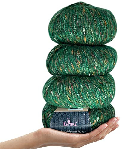KnitPal Baumwoll-Alpaka-Tweed, 3 DK,Garn in leicht Medium, 4 Knäule insgesamt 200 g, superweiche, flauschige Mischung zum Stricken und Häkeln von Mützen, Schals, Kleidungsstücken, Decken, Smaragdgrün