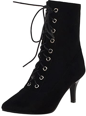 Lroey Reoly Bottines À Talon Aiguille Femme, Bottes D'Hiver Elegant Lacets Bottes Courtes Talons Moyen Pointu 516 Noir Taille 31 EU