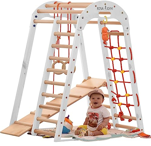 Kletterdreieck Indoor-Spielplatz aus Holz für Kinder - Kletternetz, schwedische Leiter, Ringe, Rutsche - Ideal für 1 bis 5 Jahre - Trägt (Weiß)