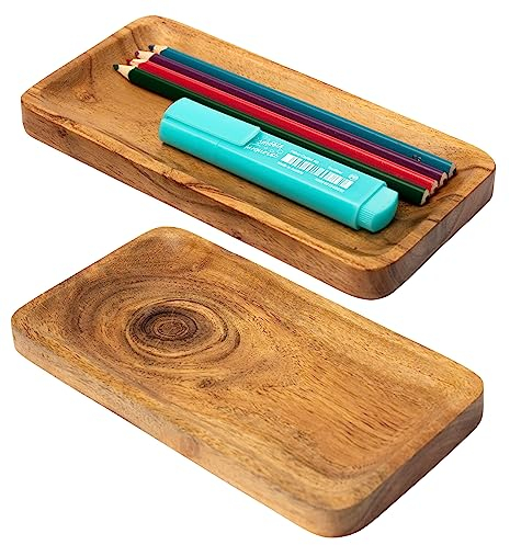 Plogis Holztablett Rechteckig aus Akazie - 2er Set Mini Deko Tablett Holz 20 x 10 cm Klein/Dekotablett Holz Länglich/Stiftschale Stiftablage Schreibtisch Deko Tablett Schmal/Dekoschale