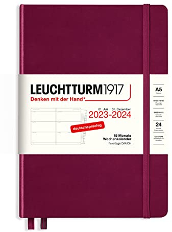 LEUCHTTURM1917 367599 Wochenkalender Medium (A5) 2024, 18 Monate, Port Red, Deutsch