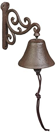 Relaxdays Türglocke Gusseisen, antikes Design, Gartenglocke Vintage, mit Kordel, Glocke für draußen, Wandglocke, braun