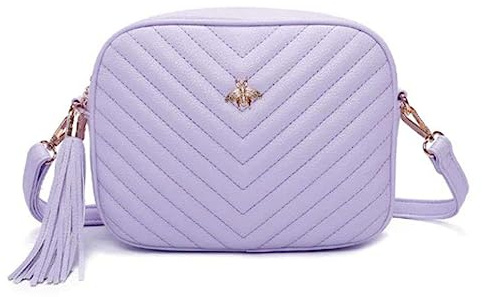 Fontanella Fashion New Womens Small Quilted Multi-pockets Chevron Pearl Bee Tassel Handbag Crossbody Shoulder Bag-LILAC