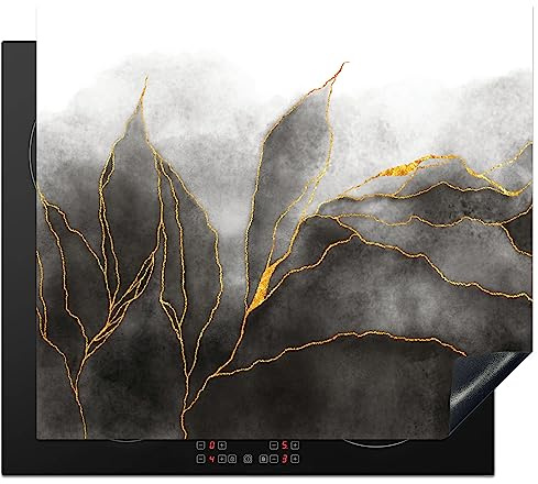KitchenYeah© Herdabdeckplatte Einteilig Ceranfeld Abdeckplatte für | 60x52 cm - Induktionsschutz Ceranfeldabdeckung Vinyl Herdabdeckplatten Marmor - Schwarz - Gold - Luxus - Marmoroptik