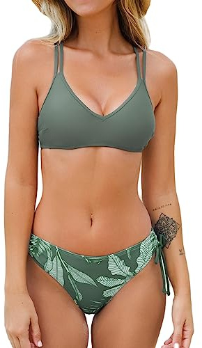 CUPSHE Women Swimsuit Bikini Set Two Piece Bathing Suit Criss Cross Back Tie Side with Double Spaghetti Straps, M