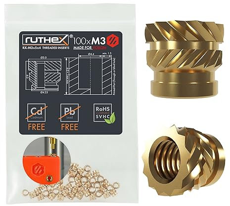 ruthex Gewindeeinsatz M3 VORON - 100 Stk. RX-M3x5x4 BLEIFREIE Gewindebuchse aus Messing - stabile Einschmelzgewinde/Einpressmutter - Einschmelzen von Gewindehülse in 3D-Druckteile aus Kunststoff