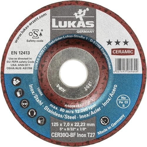 LUKAS-ERZETT Lot de 10 disques à ébarber T27 pour acier inoxydable 125 x 7 mm coudé | pour meuleuse d'angle | Céramique - 13,5 x 13 x 10 cm