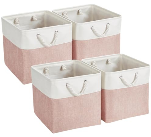 Mangata Aufbewahrungsbox, 33x33x33cm Aufbewahrungskorb Stoff, Box in Würfel für Schrank, Regal, und Kleidung(Rosa/Weiß, 4er Pack)