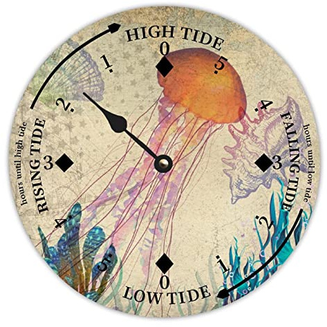 LUIJORGY Ocean Sea Jellyfish Tide Clock Silent Non-Ticking Battery Operated Wooden Moon Tidal Clock Wood Wall Art Nautical Tide Movement Clock for Restaurant Living Room Home Decor 15 Inch