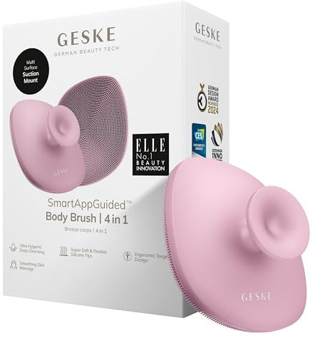 GESKE Body Brush | 4 in 1 | Spazzola detergente per tutto il corpo | Pulizia profonda professionale | Morbide setole in silicone | Design ergonomico per presa a due dita | Deterge/massaggia