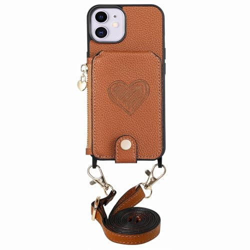 VQWQ Wallet Case Compatible with iPhone 13 Pro 6.1 - 1,5M Strap Zipper Heart Leather Case Card Slot Stand Anti-Shock Cash Pocket Full Protect Kickstand Cover For iPhone 13 Pro 6.1 [AX] -Brown