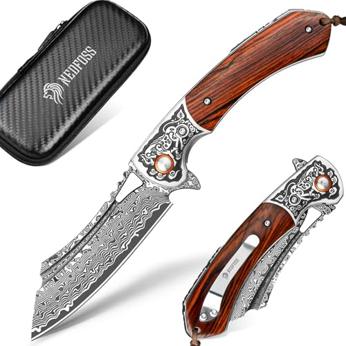 NedFoss UNICORN Couteau pliant Damas, Lame de 9 cm en 67 couches d'acier vg10, Manche en santal précieux, Etui en cuir épais, avec clip ceinture, Idéal pour collectionner, offrir, chasser