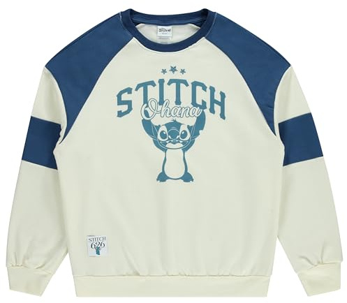 Disney Sudadera de moda para mujer de Lilo and Stitch con cuello redondo con parche de chenilla y mangas bordadas, sudadera, Marfil azul, S