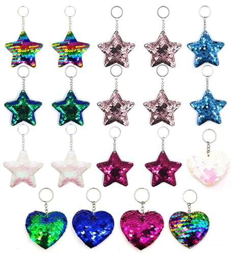 19-pack glitter paljetter hängen, stjärna och kärlek nyckelring, omvänd paljetthänge, färgglada nyckelringar, klädtillbehör och tillbehör