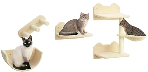 PawHut Katzen Kletterwand Set mit Kaztentreppe Kratzbaum 4-teilig Beige | Katzenbrücke, Hängematte, mit Sprungplatt, 7 in 1 Wandkratzbaum, Wand Katzenmöbel