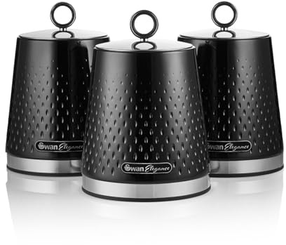 Swan Elegance Set of 3 Kitchen Storage Canisters for Tea, Coffee, and Sugar with Textured Gloss Finish and Stainless Steel Accents, 1.3L, Black