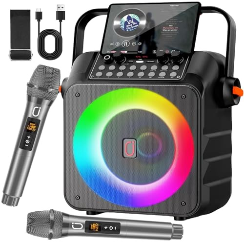 HWWR Karaoke Machine for Adults, Portable Bluetooth Speaker with 2 UHF Wireless Microphone, PA System with 6.5 Subwoofer, Supports Vocal Remover, REC, Singing Machine for Party, Home (Matte Black)