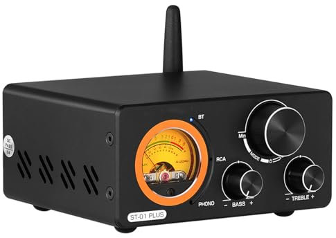Amplificatore Stereo Bluetooth, Amplificatore Phono per Giradischi, con Misuratore VU, Controllo Alti Bassi, Ingresso Bluetooth/Stereo RCA/3,5 Mm, per Altoparlanti Home Theater