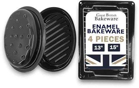 Great British Bakeware Vitreous Enamel Roasting Tin Set – 33cm Oval Roaster with Lid, 37cm Roasting Pan with Rack, Grill Pan, Large Turkey Tray, UK Made, Oven Bakeware for Meat & Vegetables